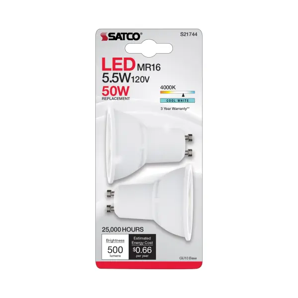 5.5 Watt MR16 LED - GU10 Base - 4000K - 120 Volt - 40 Deg. Beam Angle - 2-Card - Image 4