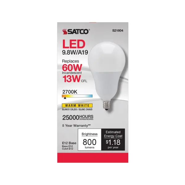 Satco's 9.8 watt A19 LED offers bright energy efficient lighting for work space and general lighting applications. The frost bulb features a candelabra base and 220 degree beam spread. With a temperature of 2700 kelvins, this lamp provides 25,000 hours of warm white light. - alternate view