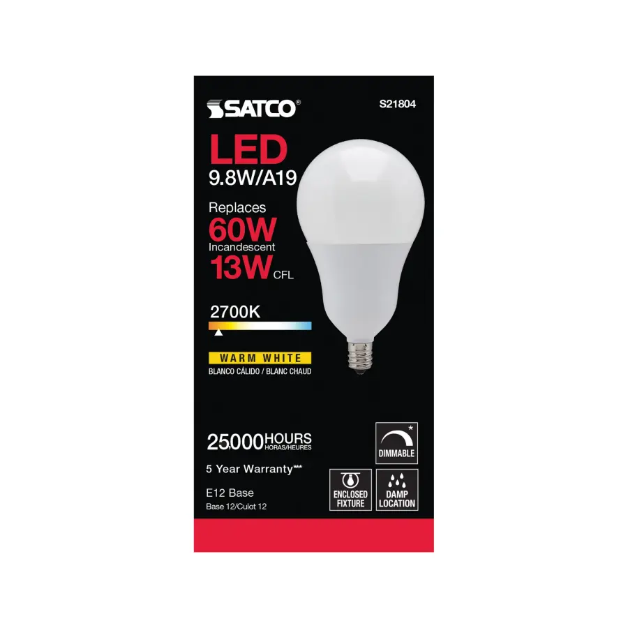 9.8 Watt - A19 LED - 2700K - Candelabra base - 220 deg. Beam Angle - 120 Volt - Image 3
