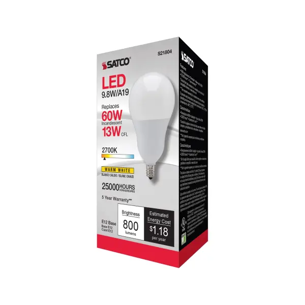 9.8 Watt - A19 LED - 2700K - Candelabra base - 220 deg. Beam Angle - 120 Volt - Image 7