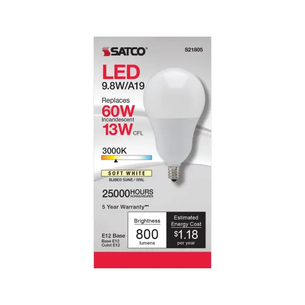 Satco's 9.8 watt A19 LED offers bright energy efficient lighting for work space and general lighting applications. The frost bulb features a candelabra base and 220 degree beam spread. With a temperature of 3000 kelvins, this lamp provides 25,000 hours of warm white light. - alternate view