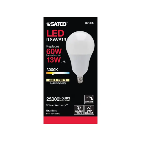9.8 Watt - A19 LED - 3000K - Candelabra base - 220 deg. Beam Angle - 120 Volt - Image 3