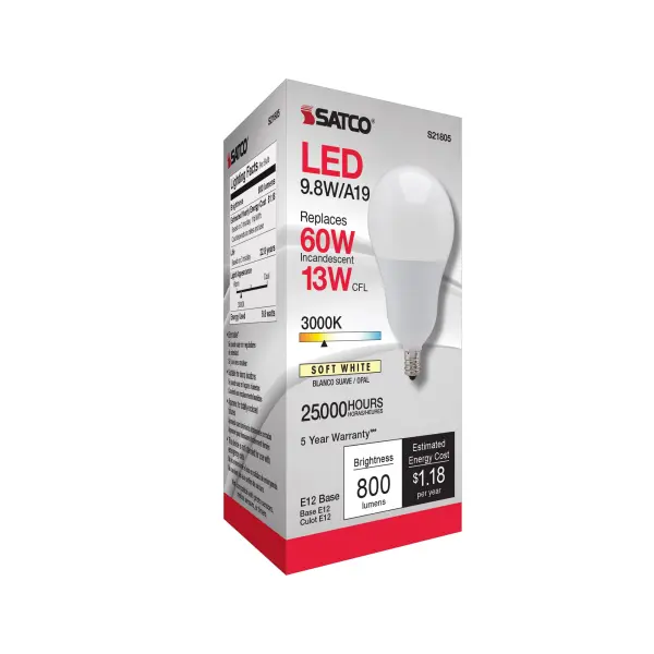 9.8 Watt - A19 LED - 3000K - Candelabra base - 220 deg. Beam Angle - 120 Volt - Image 6