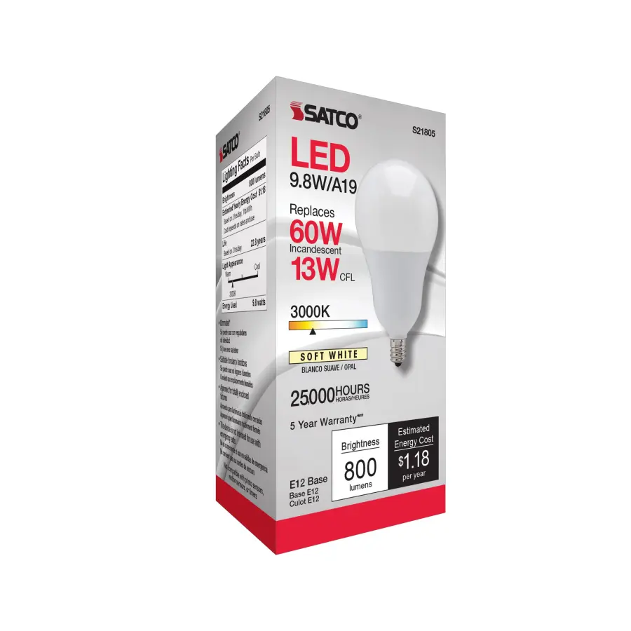 9.8 Watt - A19 LED - 3000K - Candelabra base - 220 deg. Beam Angle - 120 Volt - Image 6