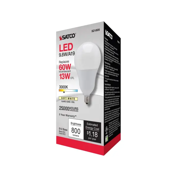 9.8 Watt - A19 LED - 3000K - Candelabra base - 220 deg. Beam Angle - 120 Volt - Image 7