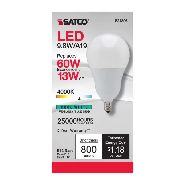 Satco's 9.8 watt A19 LED offers bright energy efficient lighting for work space and general lighting applications. The frost bulb features a candelabra base and 220 degree beam spread. With a temperature of 4000 kelvins, this lamp provides 25,000 hours of cool white light. - alternate view