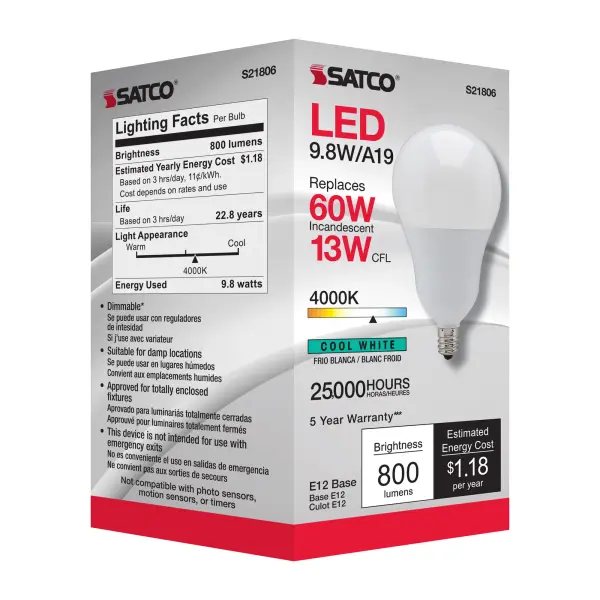 9.8 Watt - A19 LED - 4000K - Candelabra base - 220 deg. Beam Angle - 120 Volt - Image 6