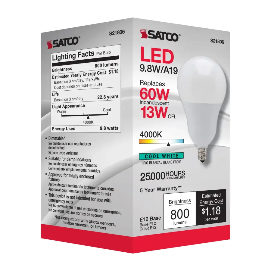 9.8 Watt - A19 LED - 4000K - Candelabra base - 220 deg. Beam Angle - 120 Volt - Image 6