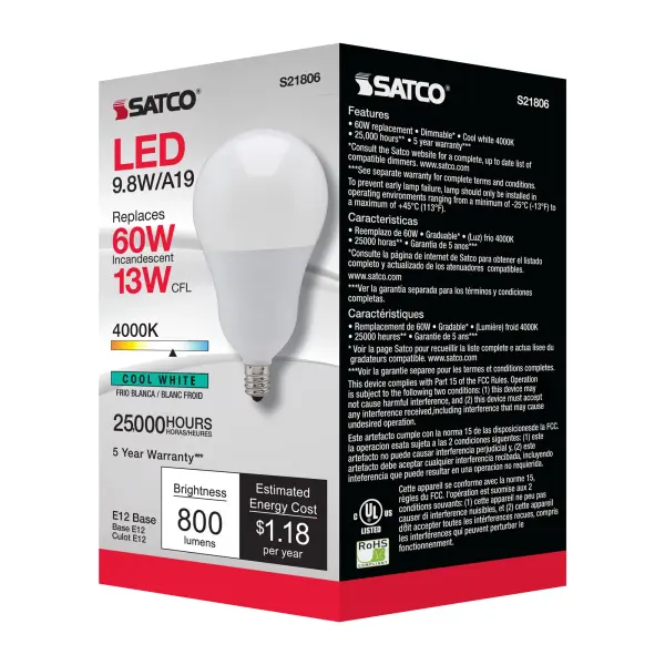 9.8 Watt - A19 LED - 4000K - Candelabra base - 220 deg. Beam Angle - 120 Volt - Image 7