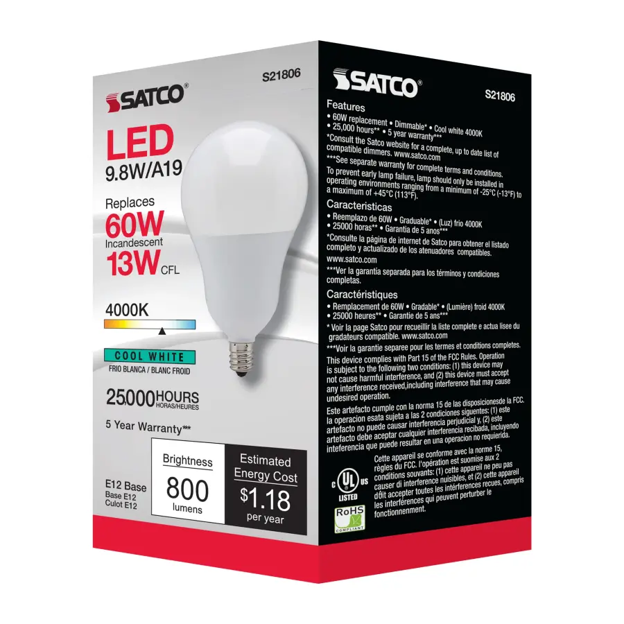 9.8 Watt - A19 LED - 4000K - Candelabra base - 220 deg. Beam Angle - 120 Volt - Image 7