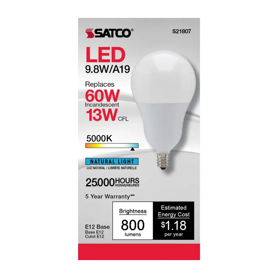 9.8 Watt - A19 LED - 5000K - Candelabra base - 220 deg. Beam Angle - 120 Volt - Image 2