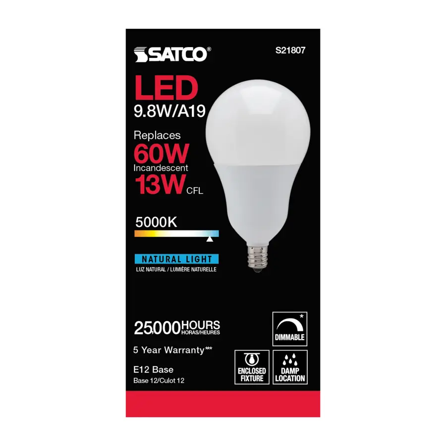 9.8 Watt - A19 LED - 5000K - Candelabra base - 220 deg. Beam Angle - 120 Volt - Image 3
