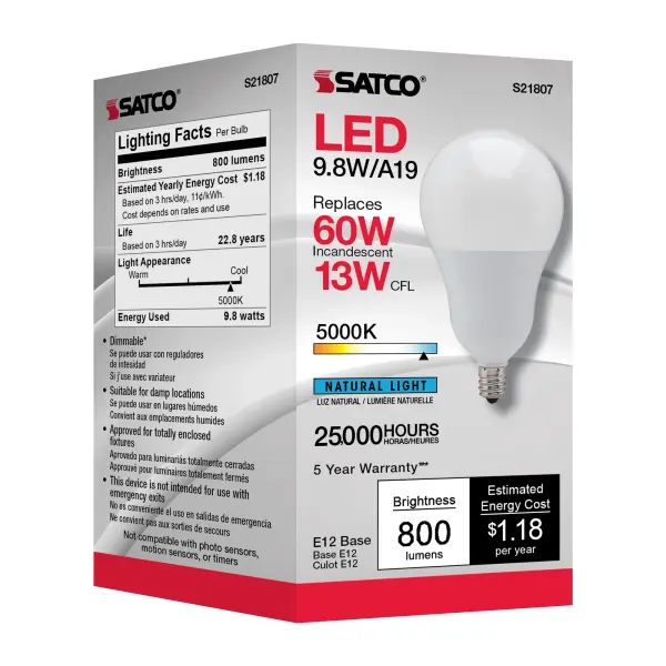 9.8 Watt - A19 LED - 5000K - Candelabra base - 220 deg. Beam Angle - 120 Volt - Image 6