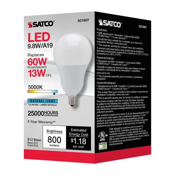 9.8 Watt - A19 LED - 5000K - Candelabra base - 220 deg. Beam Angle - 120 Volt - Image 7
