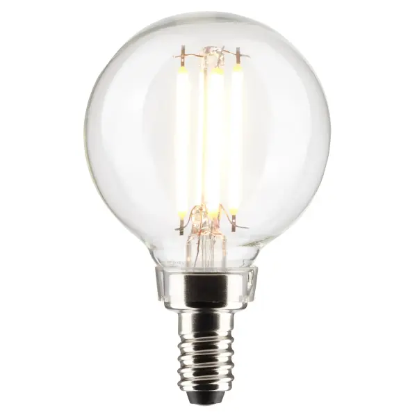 Satco's 4-watt clear, LED G16.5 bulb with a candelabra base is dimmable and offers warm white light and a 300 degree beam spread. Wet rated for kitchens and bathrooms, the carded 2-pack is suitable for retail display. Elegant and long-lasting, this clear bulb delivers 15,000 hours of exceptional illumination. - alternate view