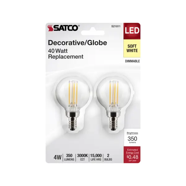 4 Watt G16.5 LED Filament - Clear - Candelabra Base - 3000K - 350 Lumens - 120 Volt - 2-Pack - Image 4