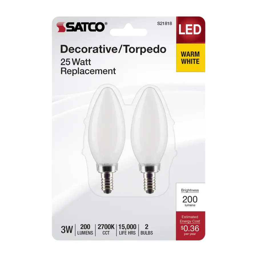 3 Watt B11 LED Filament - Frosted - Candelabra Base - 2700K - 200 Lumens - 120 Volt - 2-Pack - Image 4