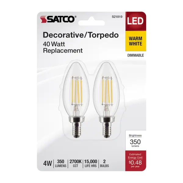 4 Watt B11 LED Filament - Clear - Candelabra Base - 2700K - 350 Lumens - 120 Volt - 2-Pack - Image 4