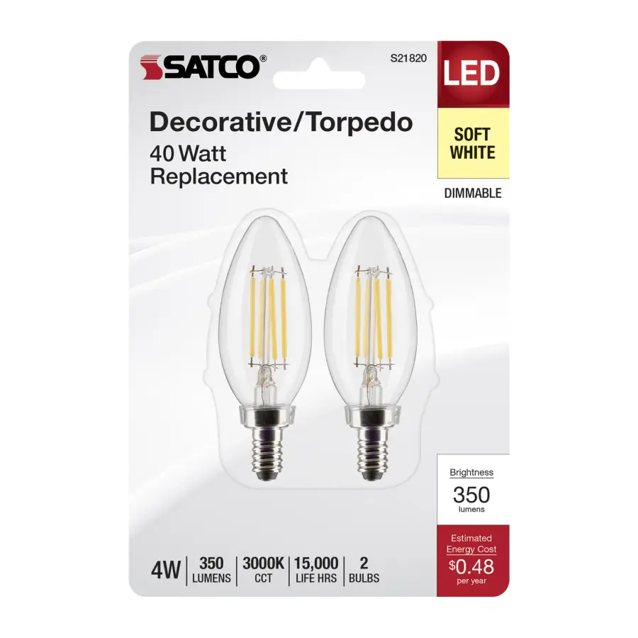 4 Watt B11 LED Filament - Clear - Candelabra Base - 3000K - 350 Lumens - 120 Volt - 2-Pack - Image 4