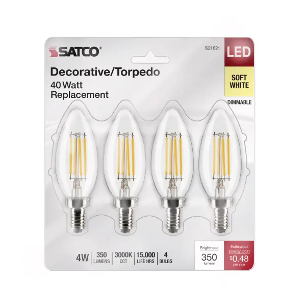 4 Watt B11 LED Filament - Clear - Candelabra Base - 3000K - 350 Lumens - 120 Volt - 4-Pack - Image 4
