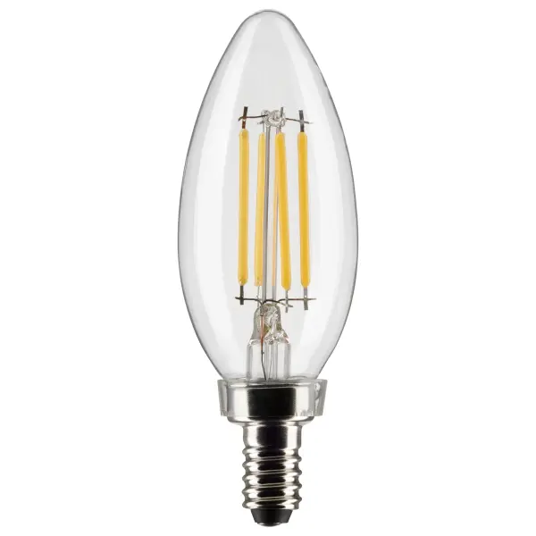Satco's 4-watt clear, LED chandelier bulb with a candelabra base is dimmable and offers natural light and a 300 degree beam spread. Wet rated for kitchens and bathrooms, the carded 2-pack is suitable for retail display. Elegant and long-lasting, this clear bulb delivers 15,000 hours of exceptional illumination.