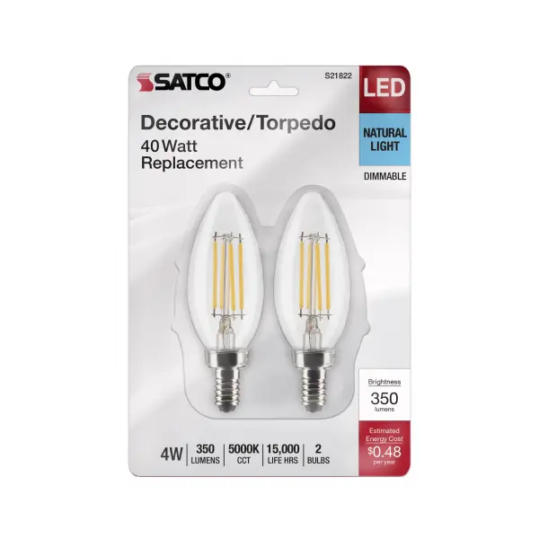 4 Watt B11 LED Filament - Clear - Candelabra Base - 5000K - 350 Lumens - 120 Volt - 2-Pack - Image 4