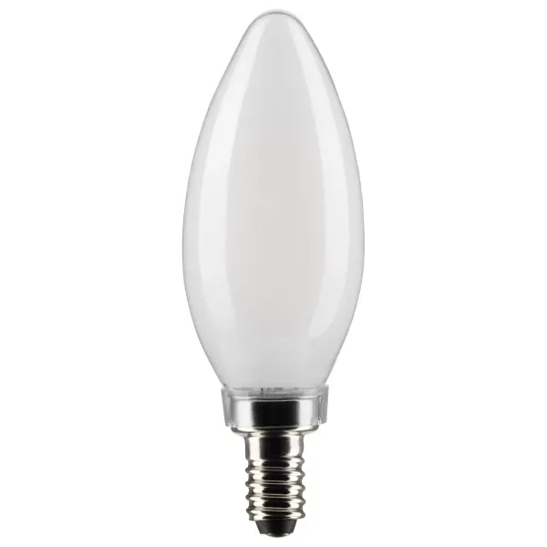 Satco's 4-watt LED B11 bulb with a candelabra base is dimmable and offers warm white light and a 300 degree beam spread. Wet location rated for kitchens and bathrooms, the carded 2-pack is suitable for retail display. Elegant and long-lasting, this frosted bulb delivers 15,000 hours of exceptional illumination.
