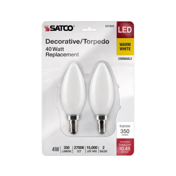 4 Watt B11 LED Filament - Frosted - Candelabra Base - 2700K - 350 Lumens - 120 Volt - 2-Pack - Image 4