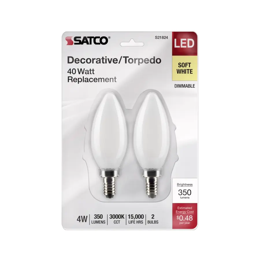 4 Watt B11 LED Filament - Frosted - Candelabra Base - 3000K - 350 Lumens - 120 Volt - 2-Pack - Image 4