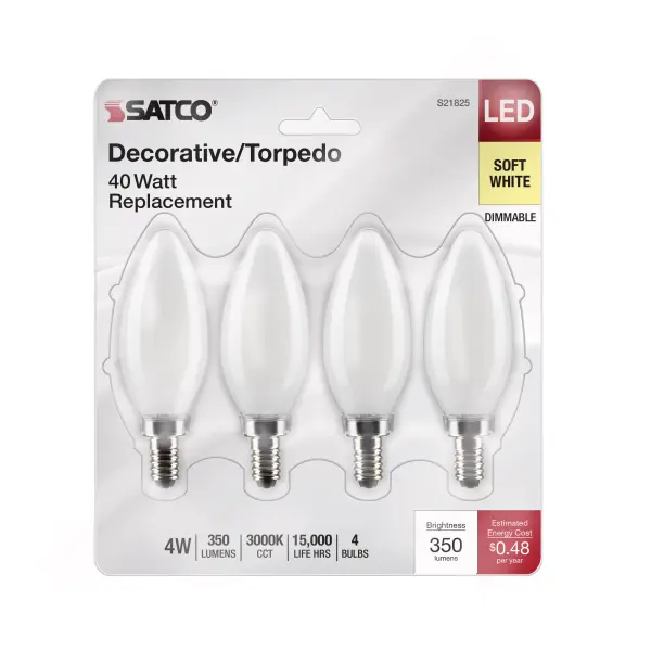 4 Watt B11 LED Filament - Frosted - Candelabra Base - 3000K - 350 Lumens - 120 Volt - 4-Pack - Image 4