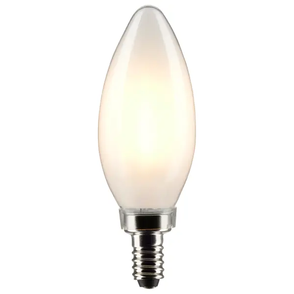 Satco's 4-watt, LED B11 bulb with a candelabra base is dimmable and offers natural light and a 300 degree beam spread. Wet location rated for kitchens and bathrooms, the carded 2-pack is suitable for retail display. Elegant and long-lasting, this frosted bulb delivers 15,000 hours of exceptional illumination. - alternate view