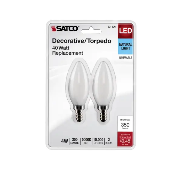 4 Watt B11 LED Filament - Frosted - Candelabra Base - 5000K - 350 Lumens - 120 Volt - 2-Pack - Image 4