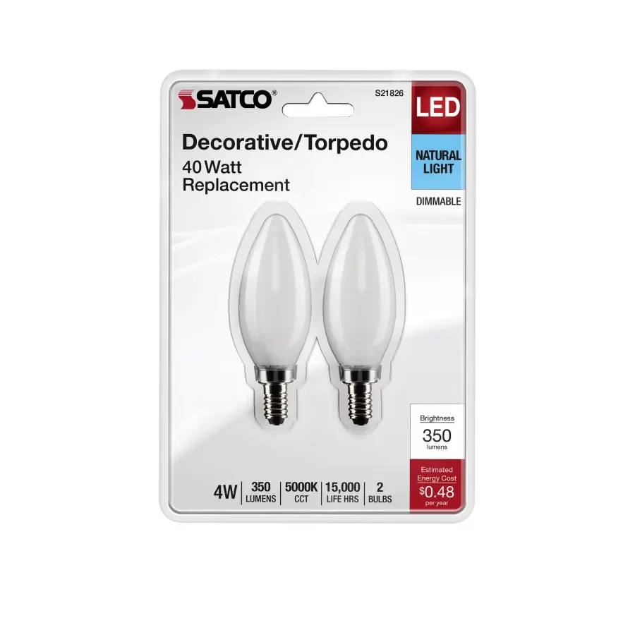 4 Watt B11 LED Filament - Frosted - Candelabra Base - 5000K - 350 Lumens - 120 Volt - 2-Pack - Image 4