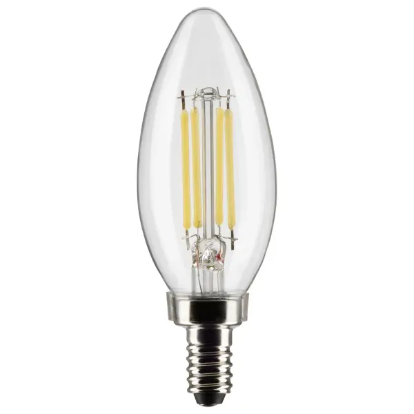 Satco's 5.5-watt, LED B11 bulb with a candelabra base is dimmable, offers warm white light, and a 300 degree beam spread. Wet location rated for kitchens and bathrooms, the carded 2-pack is suitable for retail display. Elegant and long-lasting, this clear bulb delivers 15,000 hours of exceptional illumination.