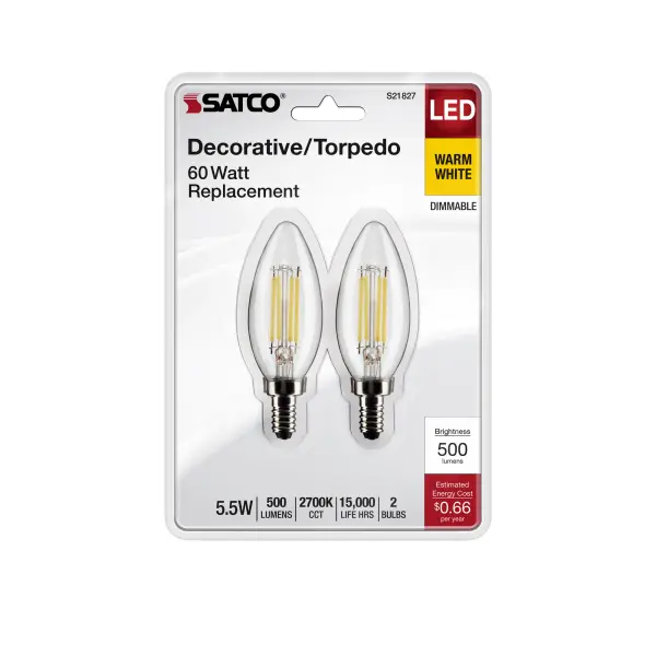5.5 Watt B11 LED Filament - Clear - Candelabra Base - 2700K - 500 Lumens - 120 Volt - 2-Pack - Image 4