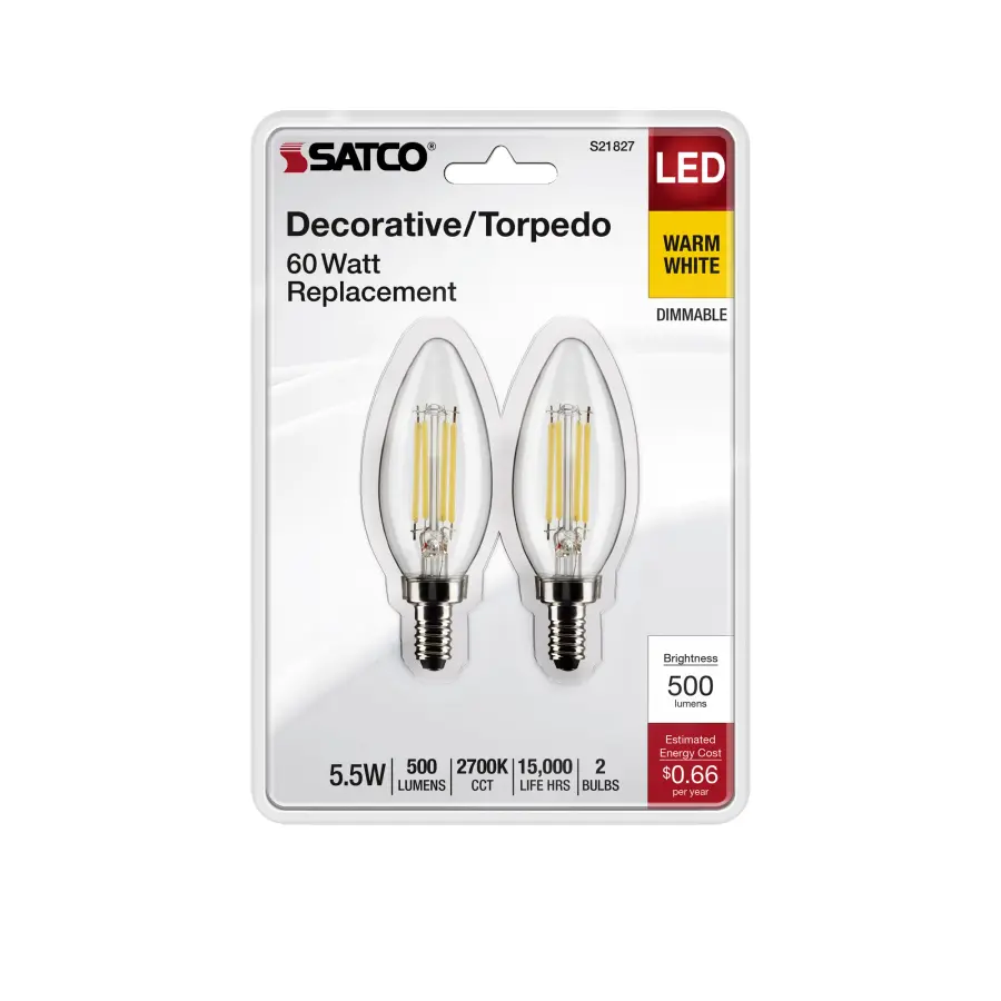 5.5 Watt B11 LED Filament - Clear - Candelabra Base - 2700K - 500 Lumens - 120 Volt - 2-Pack - Image 4
