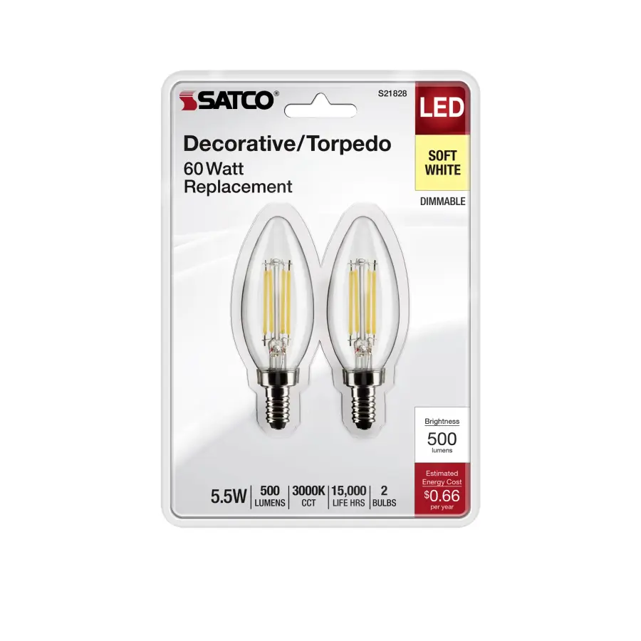 5.5 Watt B11 LED Filament - Clear - Candelabra Base - 3000K - 500 Lumens - 120 Volt - 2-Pack - Image 4