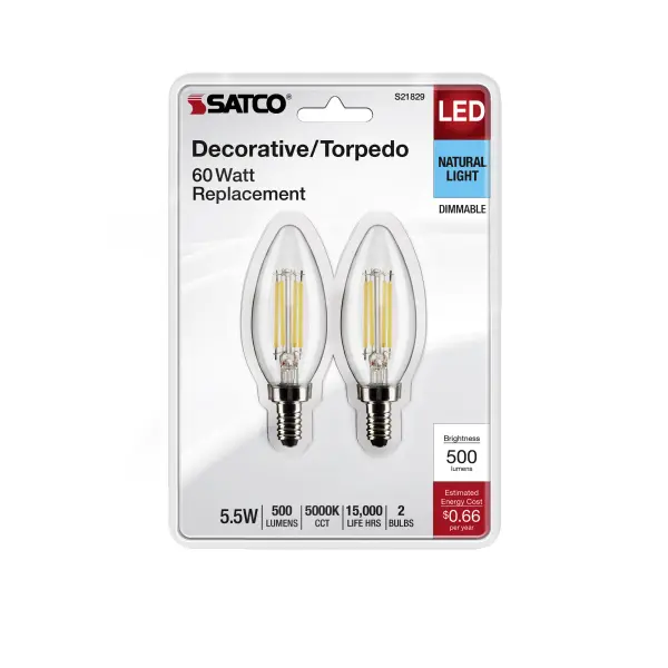 5.5 Watt B11 LED Filament - Clear - Candelabra Base - 5000K - 500 Lumens - 120 Volt - 2-Pack - Image 4
