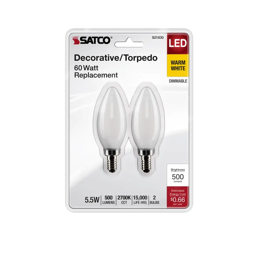 5.5 Watt B11 LED Filament - Frosted - Candelabra Base - 2700K - 500 Lumens - 120 Volt - 2-Pack - Image 4