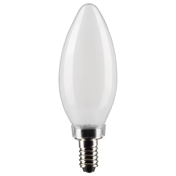 Satco's 5.5-watt, LED B11 bulb with a candelabra base is dimmable, offers natural light, and a 300 degree beam spread. Wet location rated for kitchens and bathrooms, this 2-pack is suitable for retail display. Elegant and long-lasting, this frosted bulb delivers 15,000 hours of exceptional illumination.