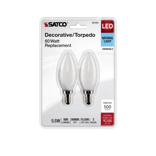 5.5 Watt B11 LED Filament - Frosted - Candelabra Base - 5000K - 500 Lumens - 120 Volt - 2-Pack - Image 4