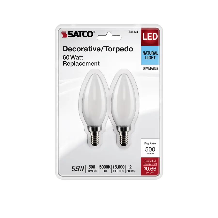 5.5 Watt B11 LED Filament - Frosted - Candelabra Base - 5000K - 500 Lumens - 120 Volt - 2-Pack - Image 4