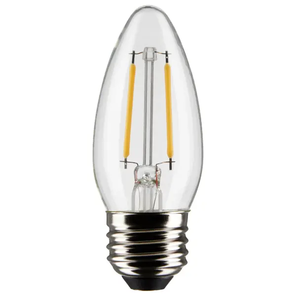Satco's 3-watt, LED B11 bulb with a medium base is dimmable, offers warm white light, and a 300 degree beam spread. Wet location rated for kitchens and bathrooms, the carded 2-pack is suitable for retail display. Elegant and long-lasting, this clear bulb delivers 15,000 hours of exceptional illumination.