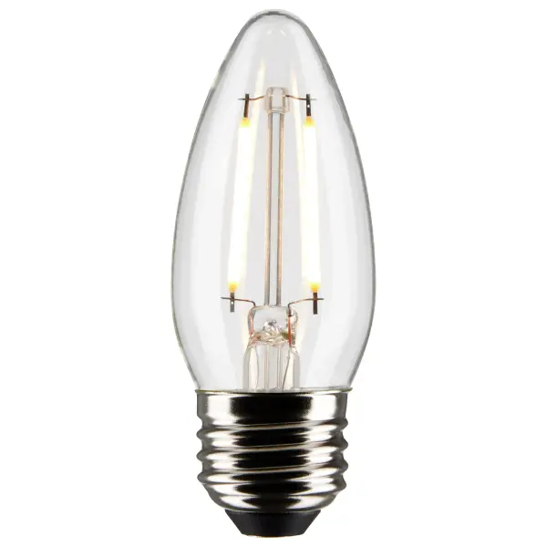 Satco's 3-watt, LED B11 bulb with a medium base is dimmable, offers warm white light, and a 300 degree beam spread. Wet location rated for kitchens and bathrooms, the carded 2-pack is suitable for retail display. Elegant and long-lasting, this clear bulb delivers 15,000 hours of exceptional illumination. - alternate view