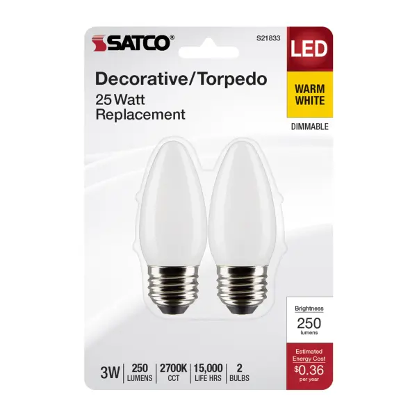 3 Watt B11 LED Filament - Frosted - Medium Base - 2700K - 250 Lumens - 120 Volt - 2-Pack - Image 4