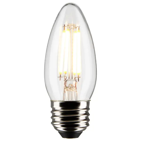 Satco's 4-watt, B11 bulb with a medium base is dimmable, offers warm white light, and has a 300 degree beam spread. Wet location rated for kitchens and bathrooms, the carded 2-pack is suitable for retail display. Elegant and long-lasting, this clear bulb delivers 15,000 hours of exceptional illumination. - alternate view