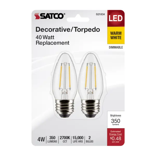 4 Watt B11 LED Filament - Clear - Medium Base - 2700K - 350 Lumens - 120 Volt - 2-Pack - Image 4