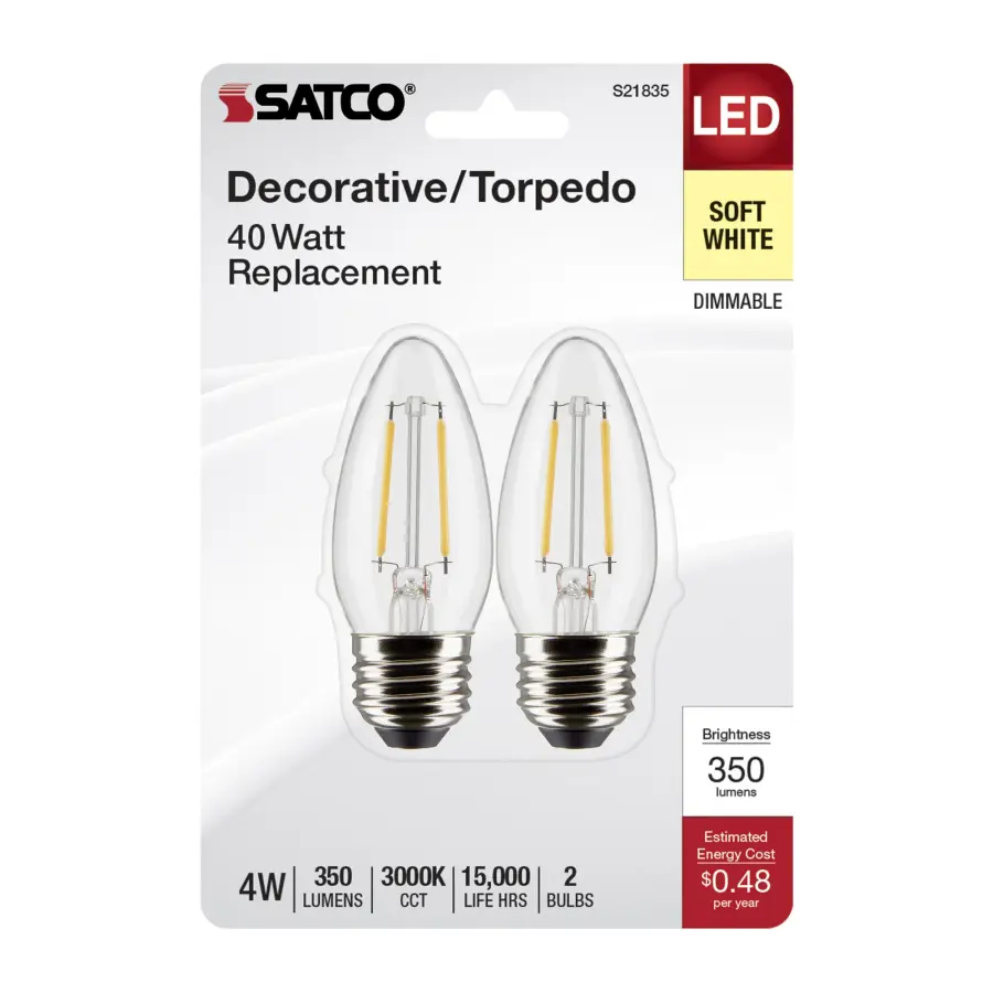 4 Watt B11 LED Filament - Clear - Medium Base - 3000K - 350 Lumens - 120 Volt - 2-Pack - Image 4