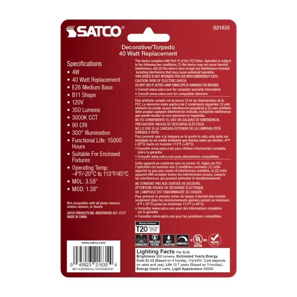 4 Watt B11 LED Filament - Clear - Medium Base - 3000K - 350 Lumens - 120 Volt - 2-Pack - Image 5