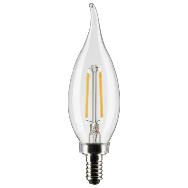 Satco's 3-watt clear, LED chandelier bulb with a candelabra base is dimmable and offers warm white light and a 300 degree beam spread. The carded 2-pack is suitable for retail display. Elegant and long-lasting, this clear bulb delivers 15,000 hours of exceptional illumination.